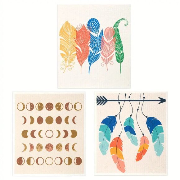 NEW Set of 12 Swedish Dishcloths - Boho, Feather, Moon Celesital, Sustainable - Picture 8 of 9
